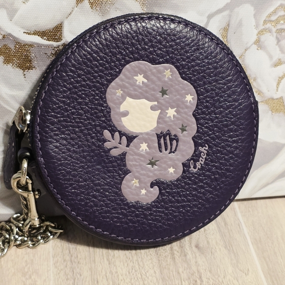 Coach Round Coin Case with Virgo Zodiac Sign Purple Silver Mermaid - Picture 2 of 14